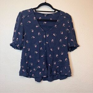 Lucky Brand 100% Cotton Floral Blue Women's Peasant Blouse Puff Sleeve V-neck